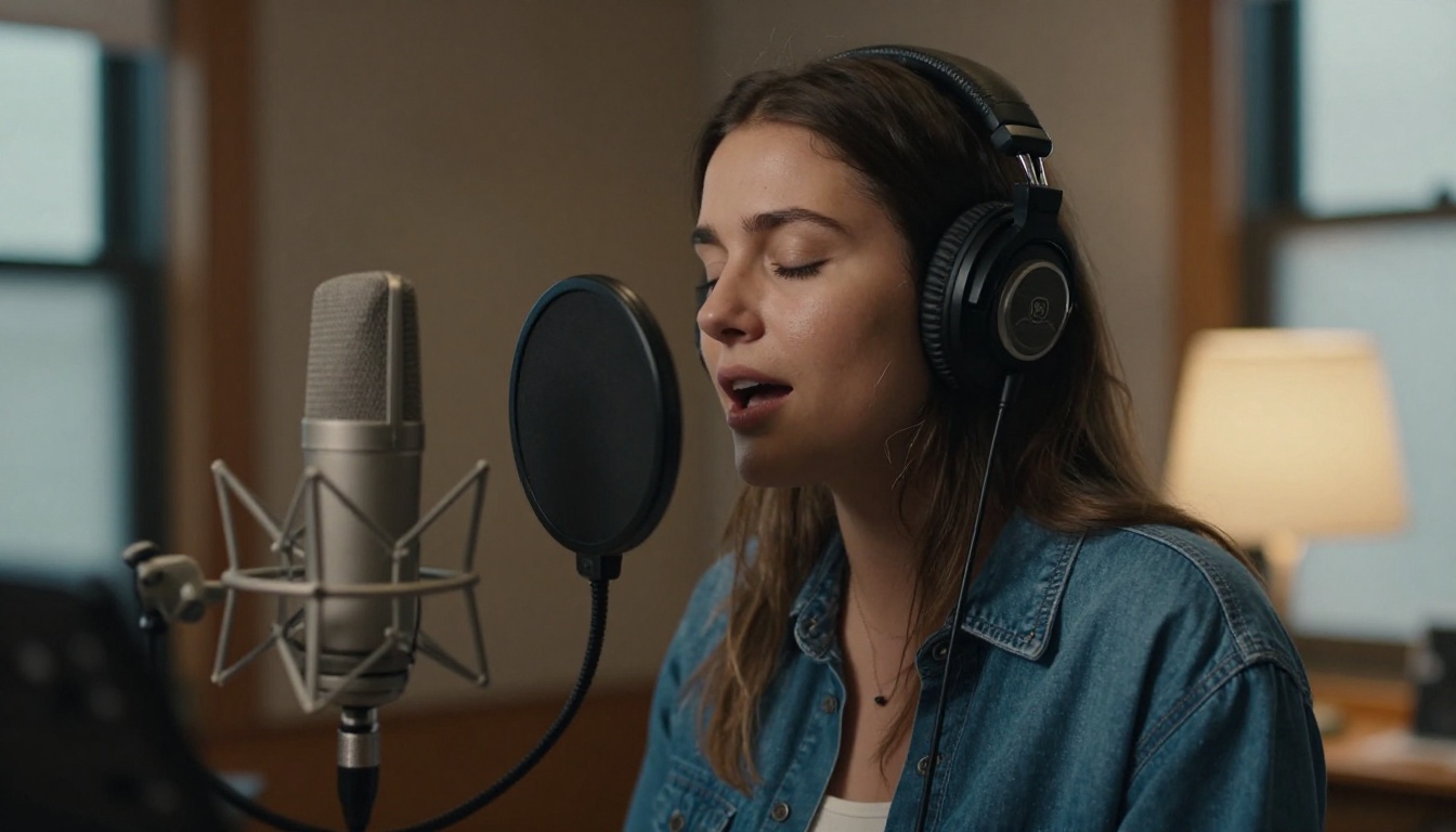A singer in a vocal booth with a condenser microphone