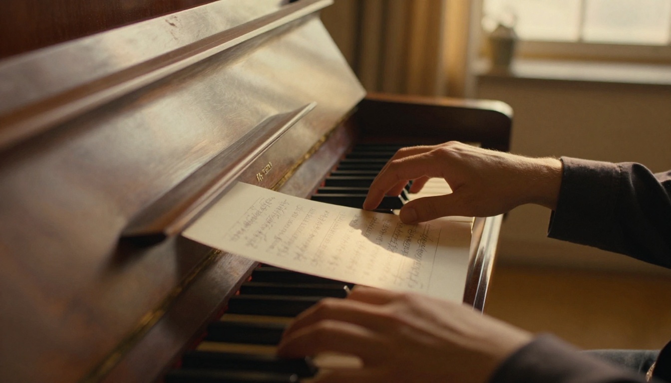 Pianist's hands resting on an upright piano at sunset