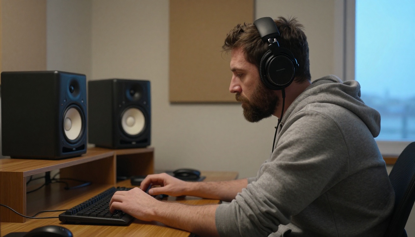A producer listening with one headphone cup pressed to his ear