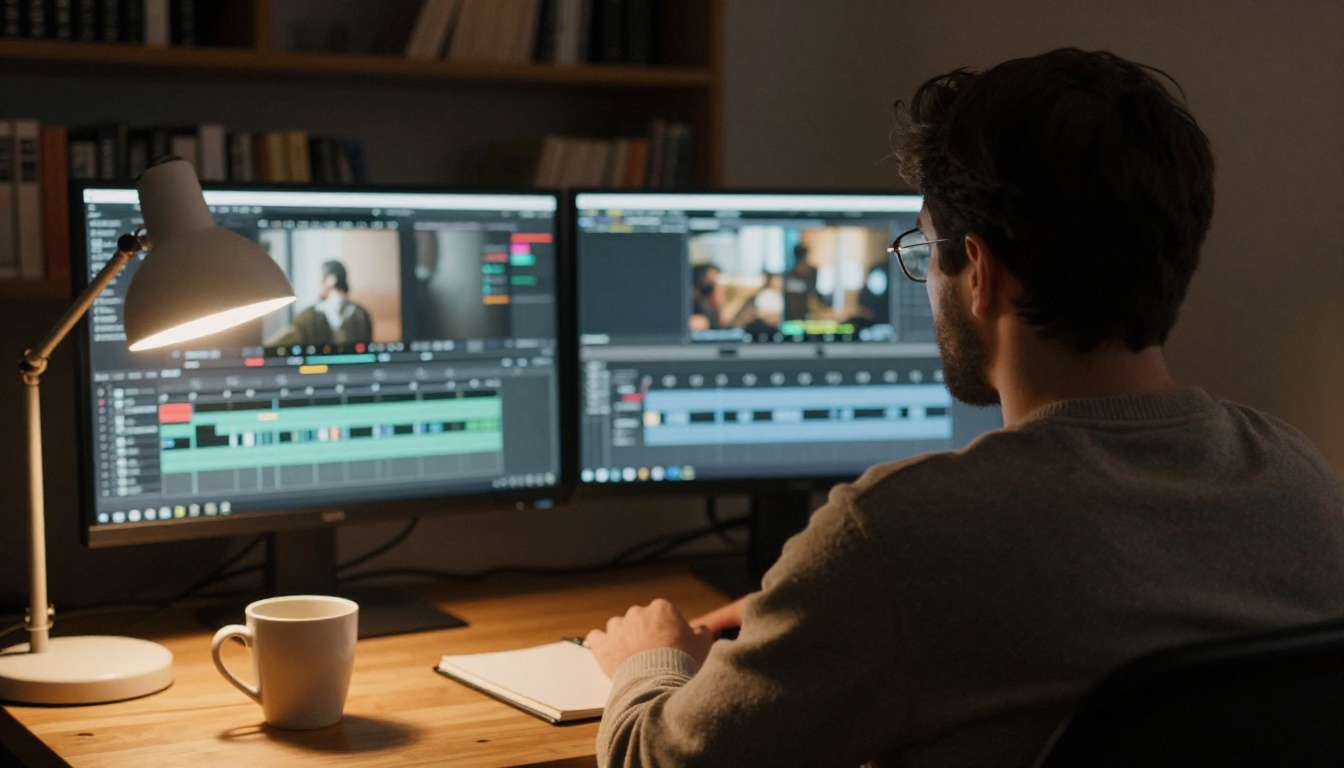 A video editor in a dim edit suite with two monitors