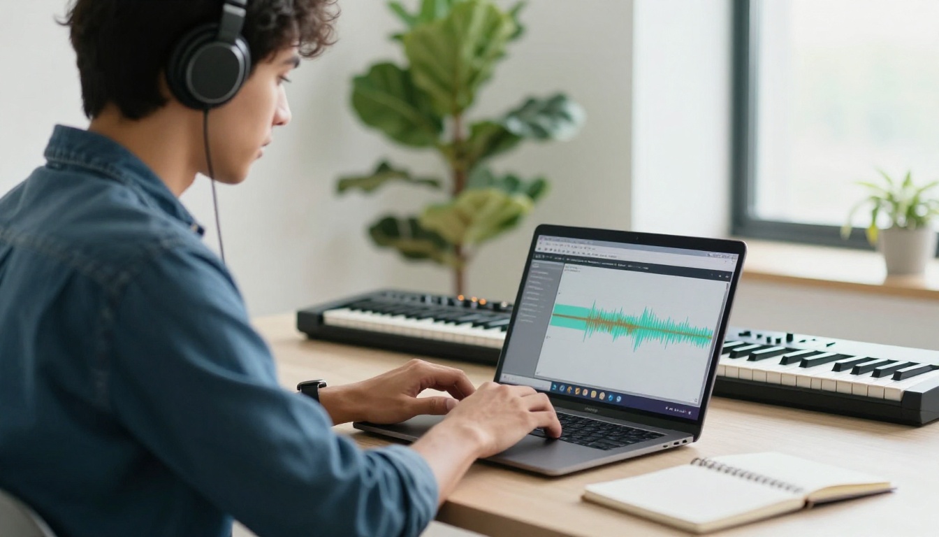 A creator typing on a laptop with headphones around his neck