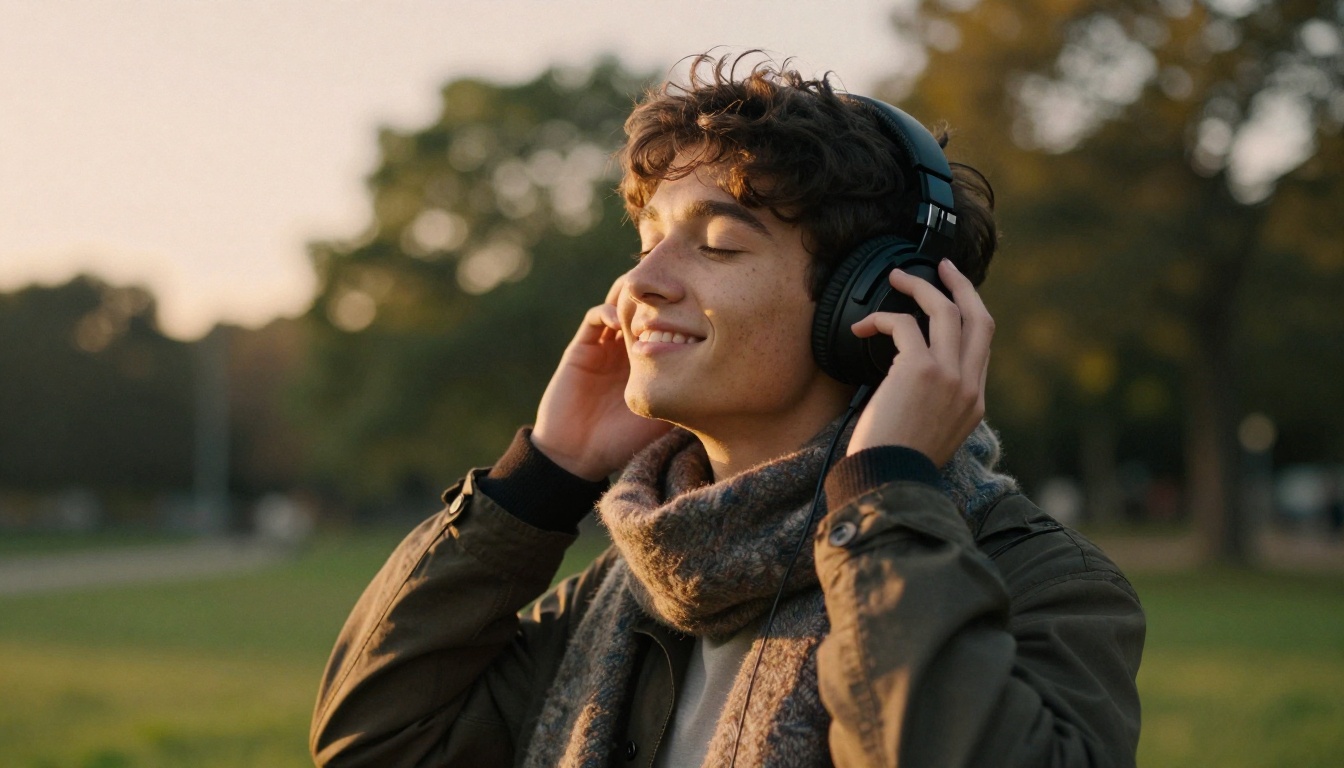 A smiling musician listening to a new track in a park at golden hour