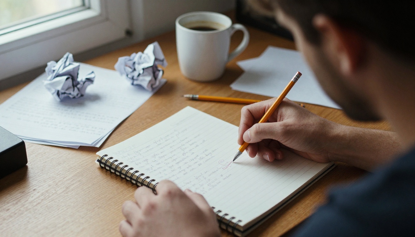 Songwriter crossing out a line in a notebook while drafting a music prompt