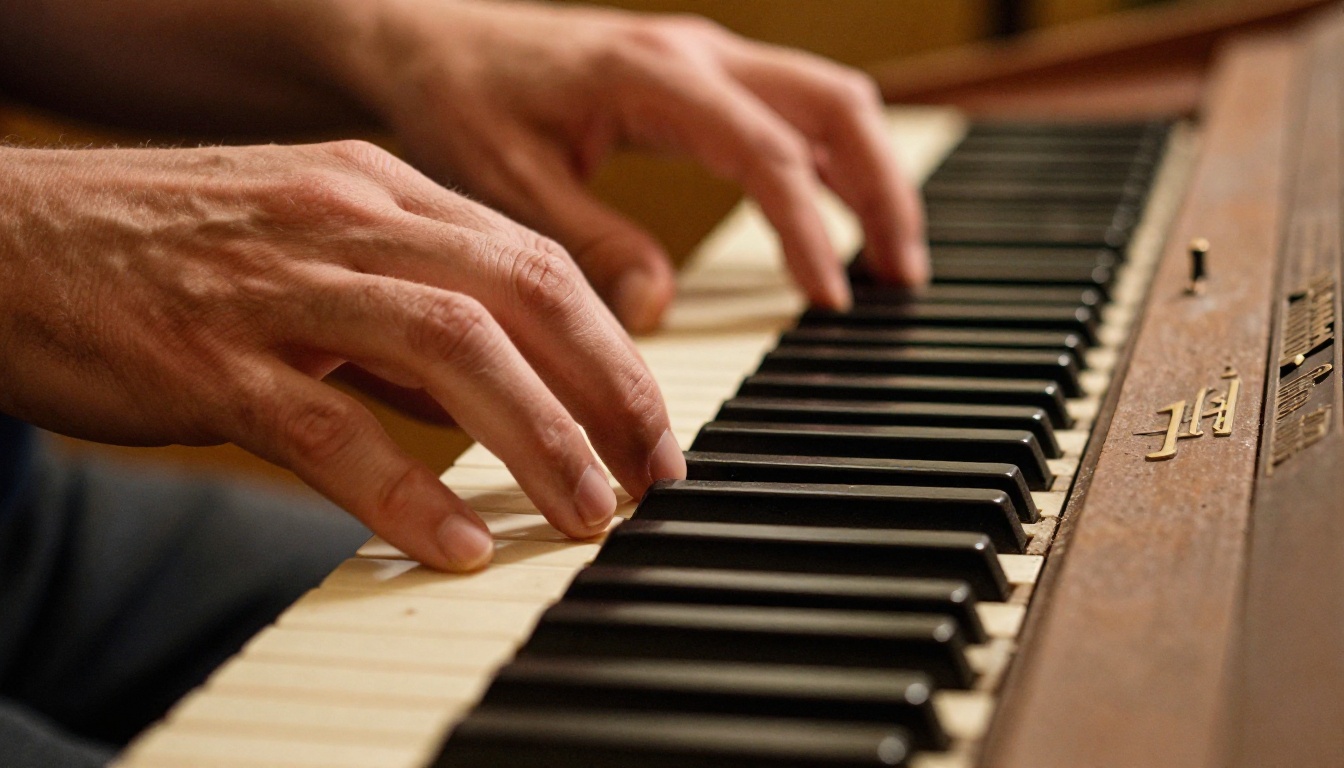Close-up of fingertips pressing a vintage Rhodes electric piano