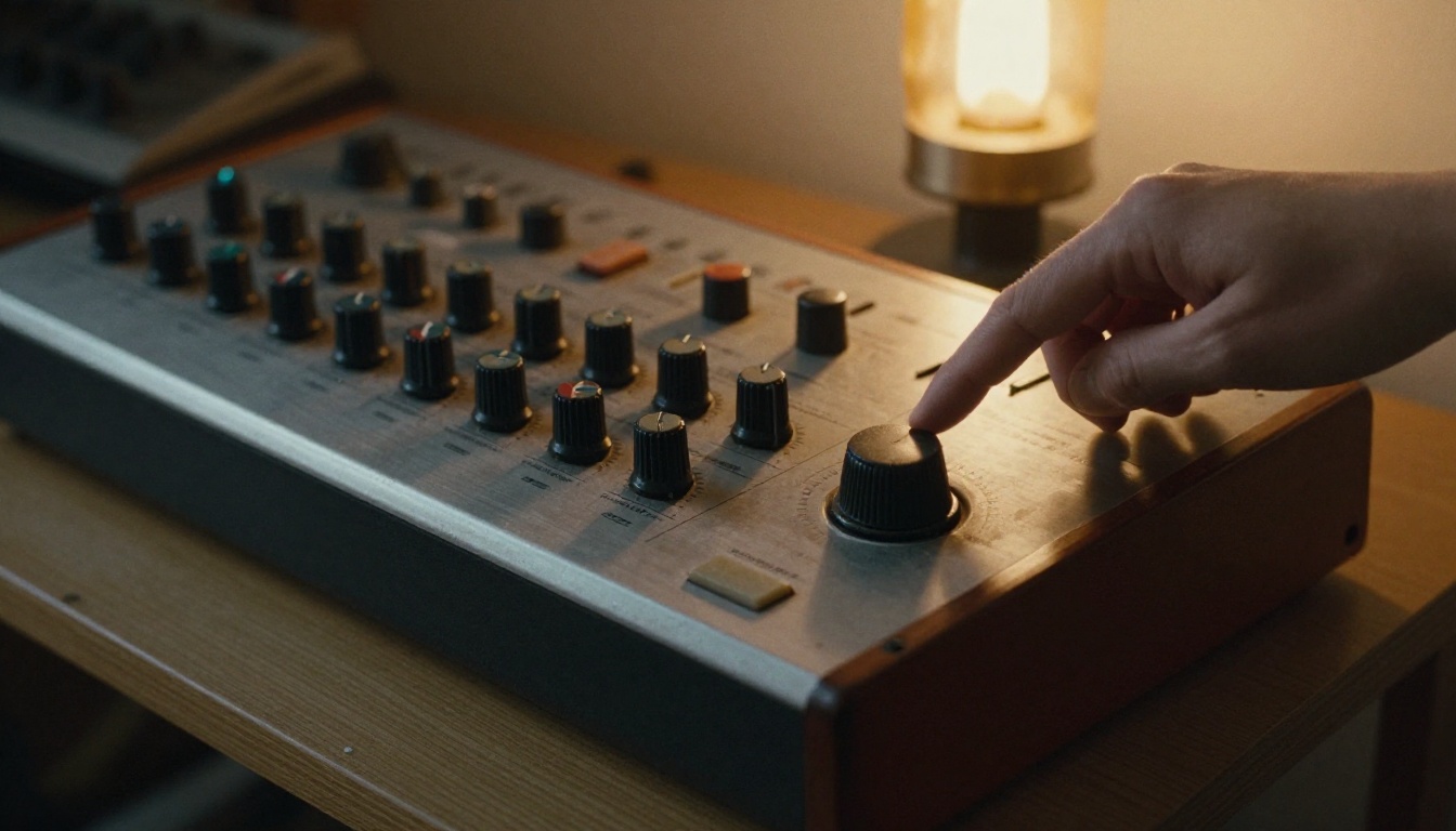Low-angle view of a drum machine and analog synthesizer with a finger on the tempo dial
