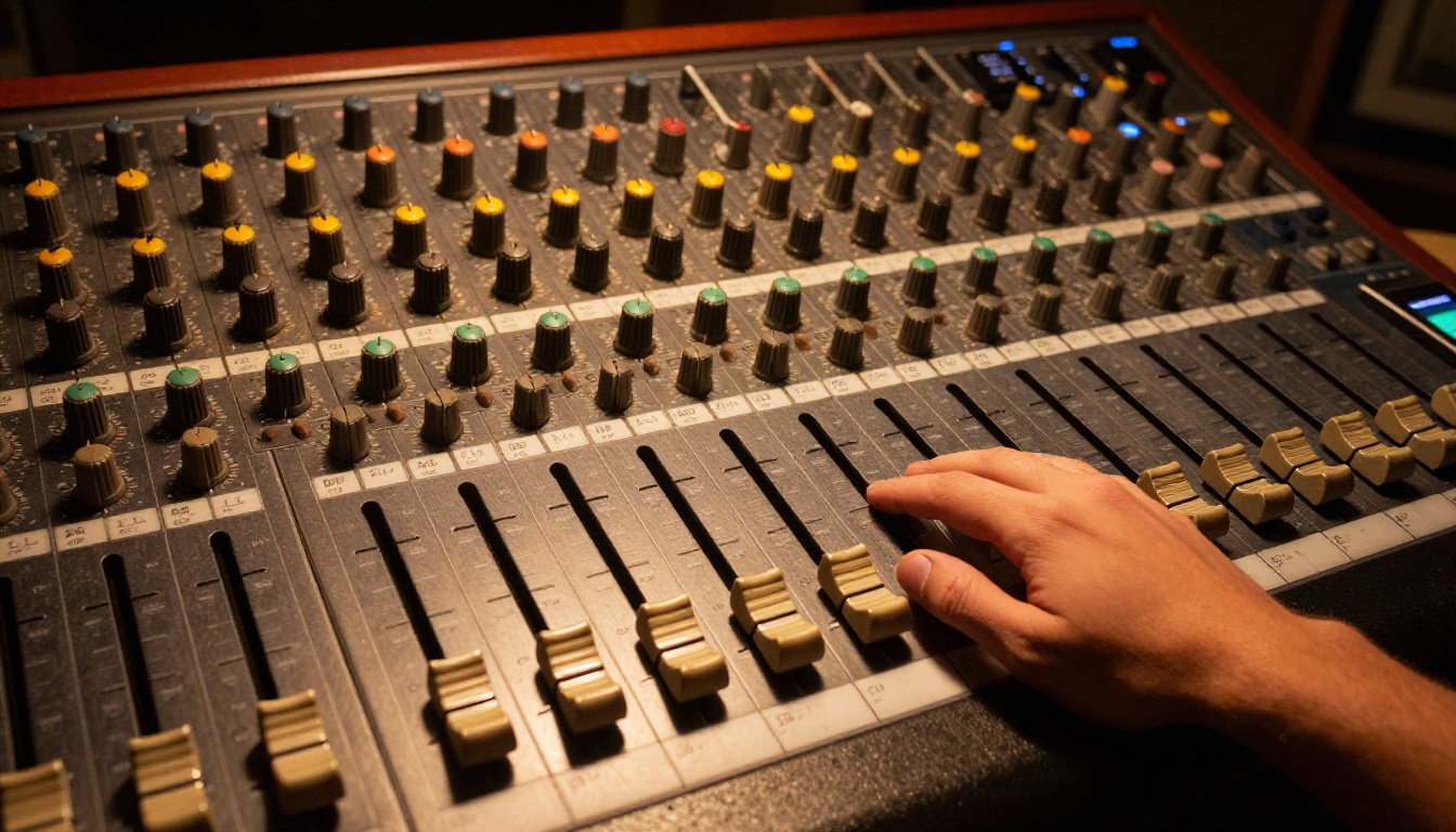 Top-down view of an analog mixing console with faders set at different heights