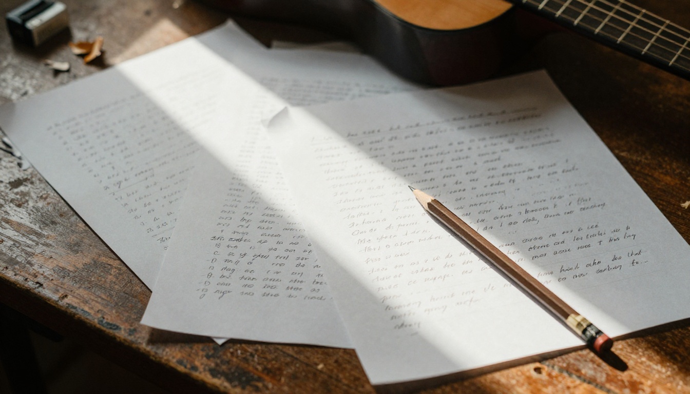 Handwritten lyric sheets beside an acoustic guitar on a walnut table
