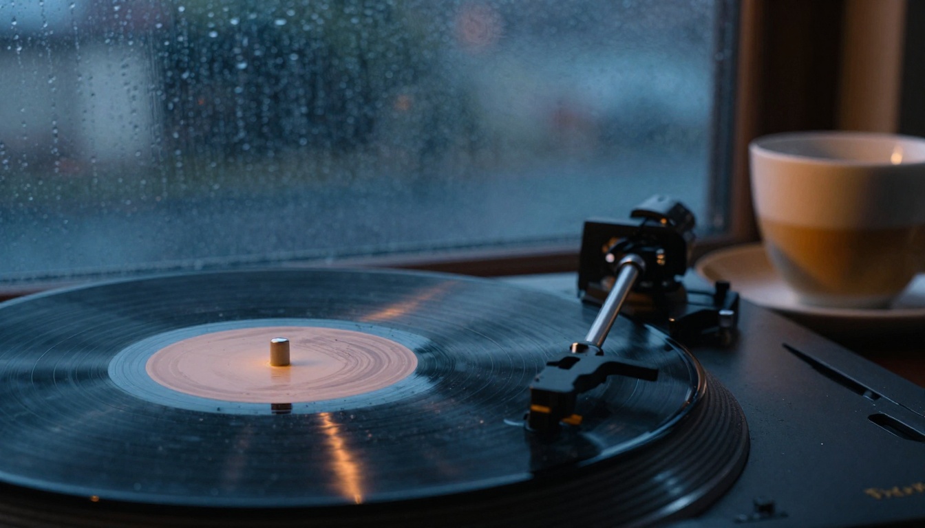 Vinyl record spinning on a turntable beside a rain-streaked window at dusk