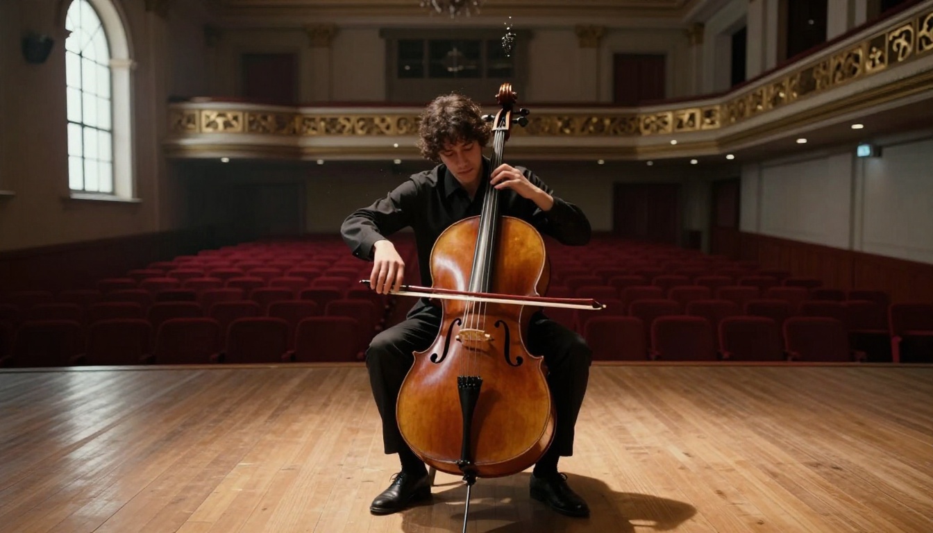 Lone cellist on an empty concert hall stage in late afternoon light