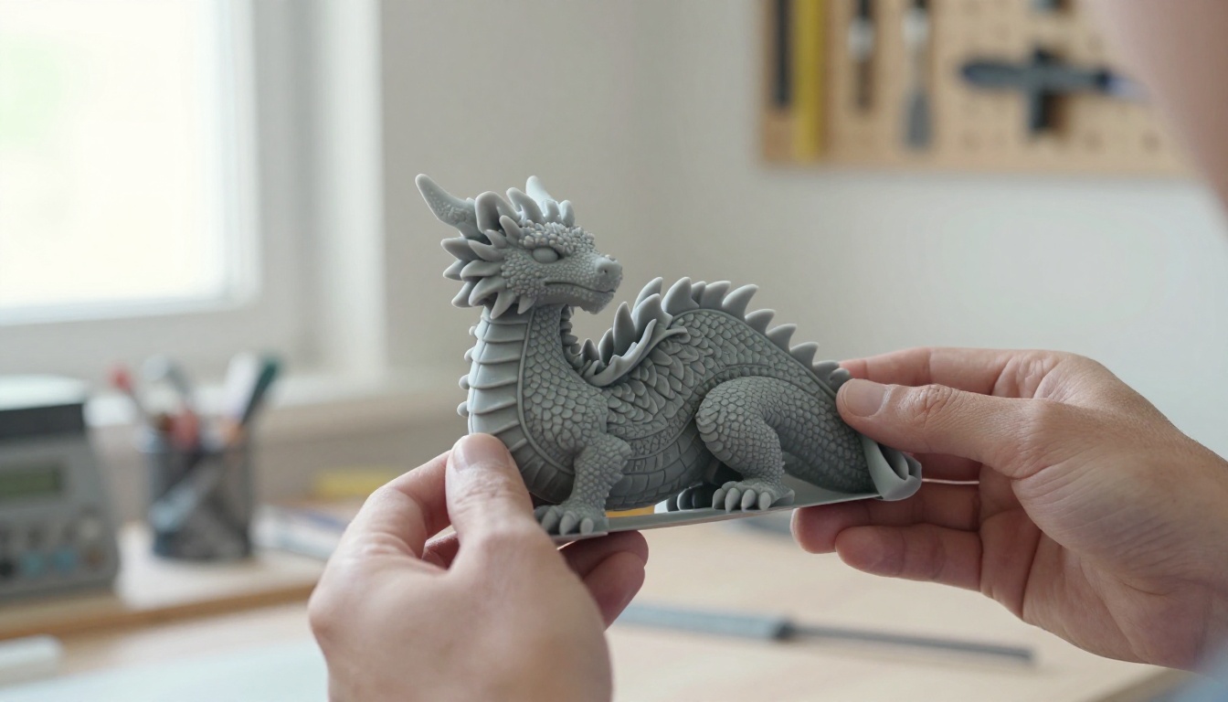 Hands holding a printed resin dragon figurine beside its reference photograph