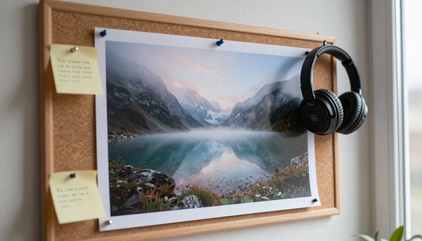 Cork board with a printed misty lake photo and headphones hanging from a pin