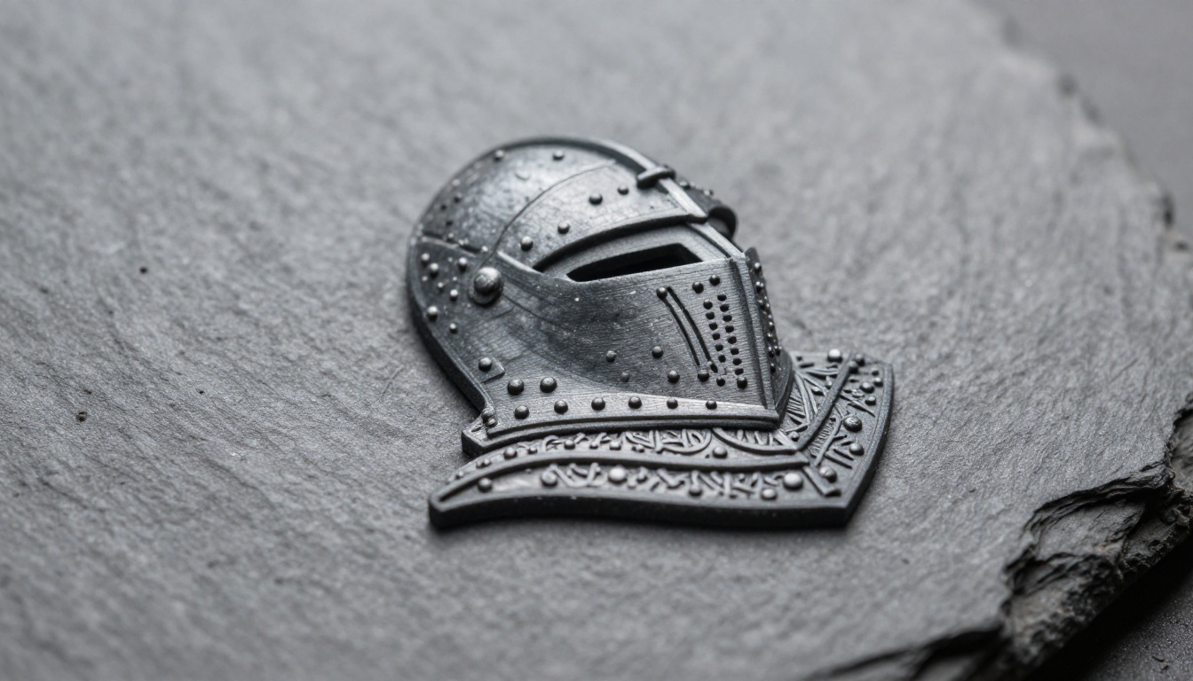 Macro of a printed knight helmet showing rivets and fine surface texture