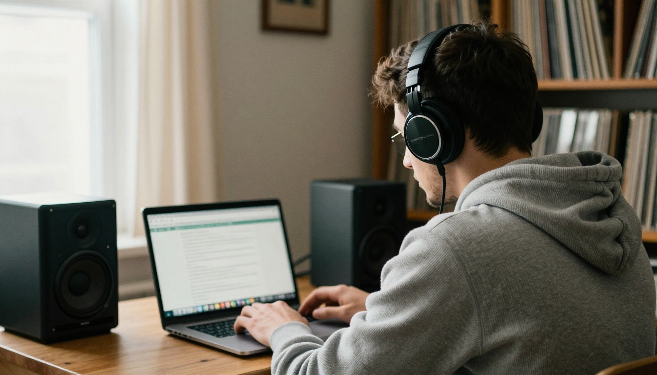 Over-the-shoulder view of a producer wearing headphones at a laptop in a home studio