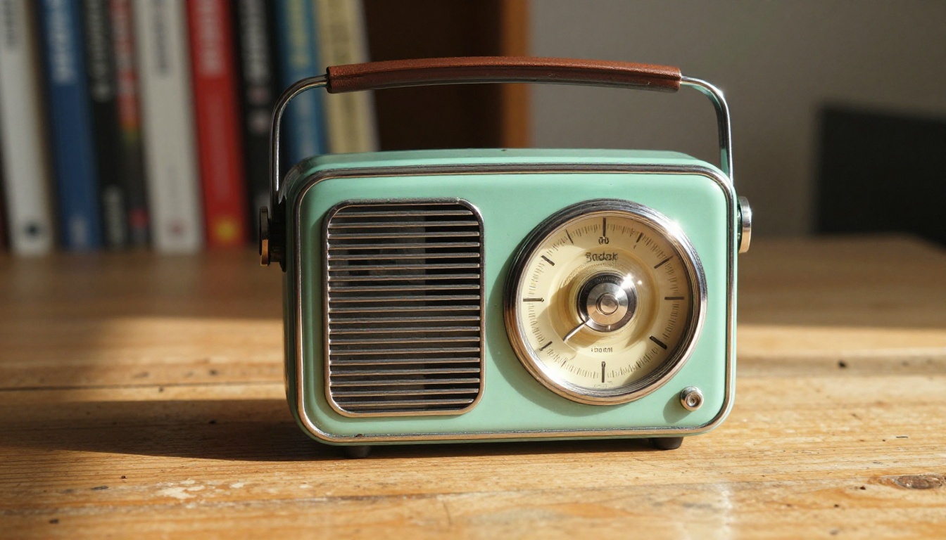 Vintage mint radio with chrome grille and leather handle in low raking sunlight
