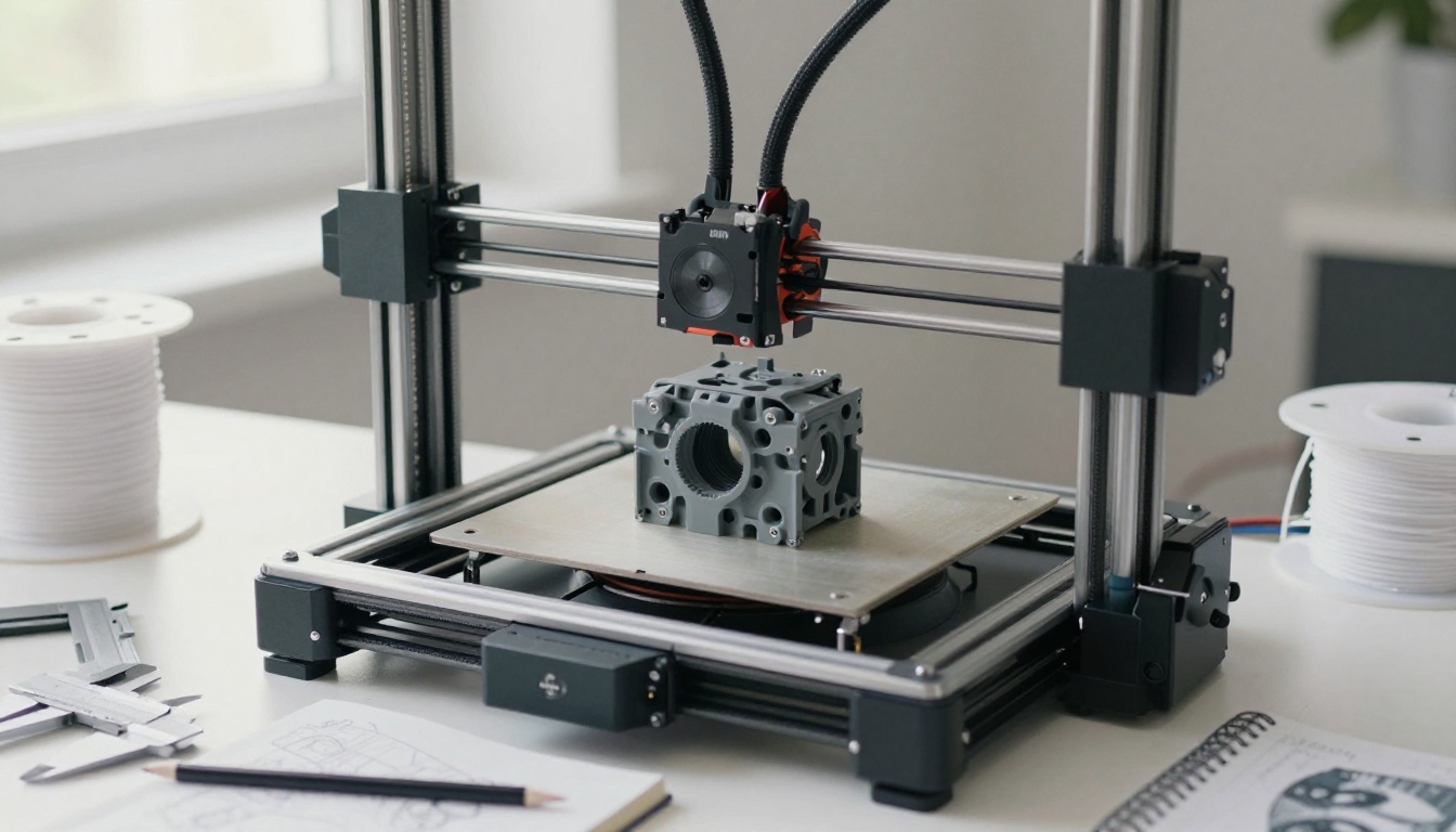 Overhead view of a desktop 3D printer mid-print beside calipers and a notebook
