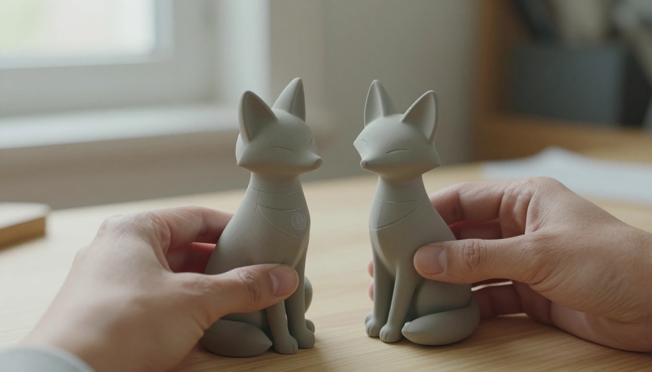 Hands holding a grey 3D printed fox figurine next to the glazed ceramic fox it was copied from Hands holding a grey 3D printed fox figurine next to the glazed ceramic fox it was copied from