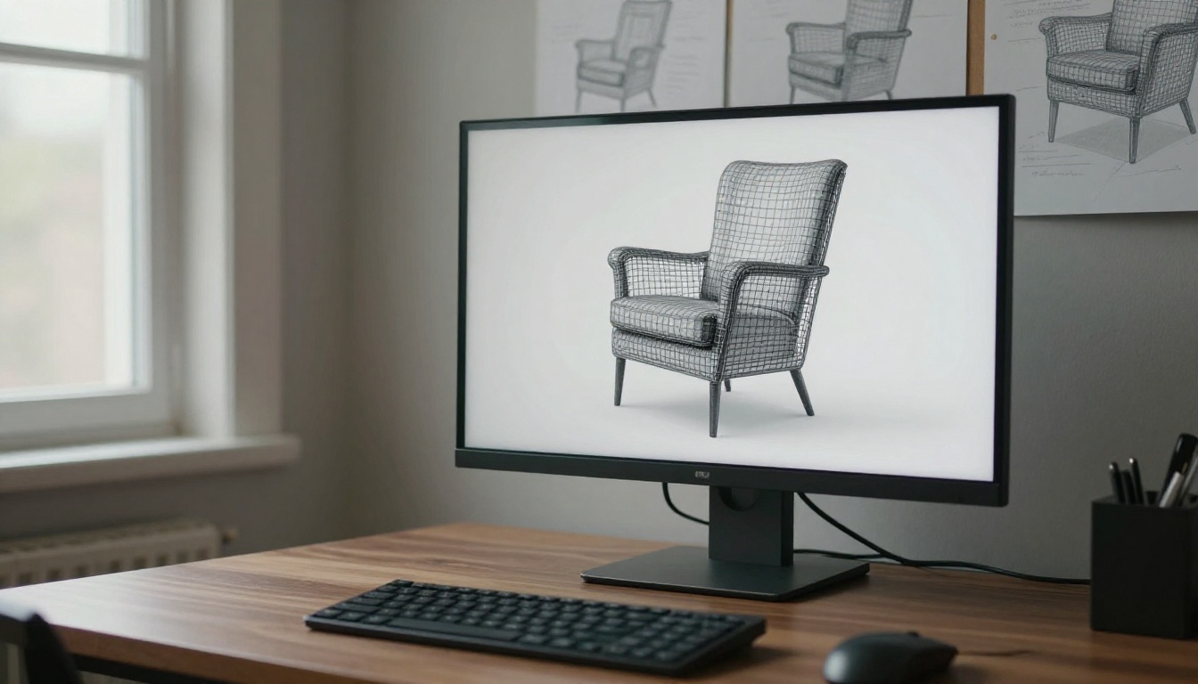 Low angle view of a monitor showing a grey wireframe mesh of an armchair with the real armchair behind it Low angle view of a monitor showing a grey wireframe mesh of an armchair with the real armchair behind it