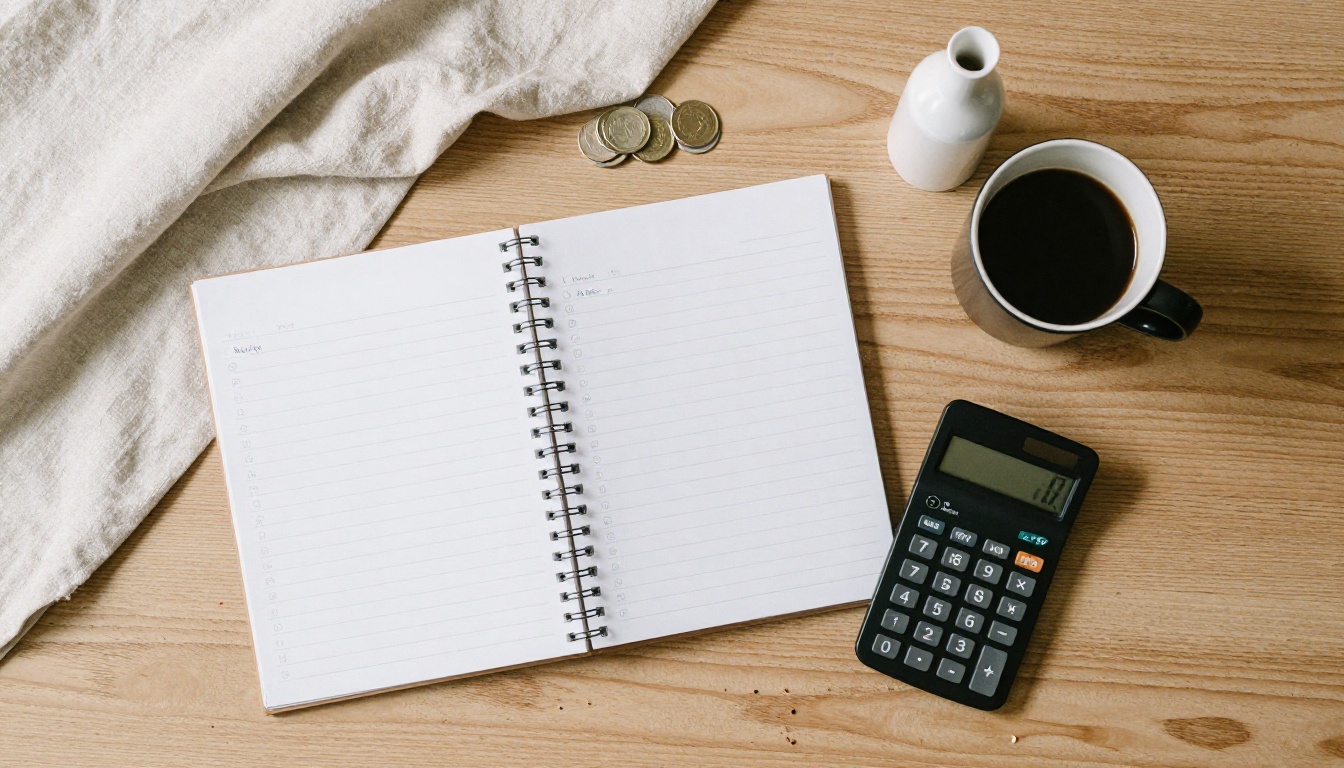 Overhead flat lay of a budget notebook, calculator, coins and a small printed vase on an oak desk Overhead flat lay of a budget notebook, calculator, coins and a small printed vase on an oak desk