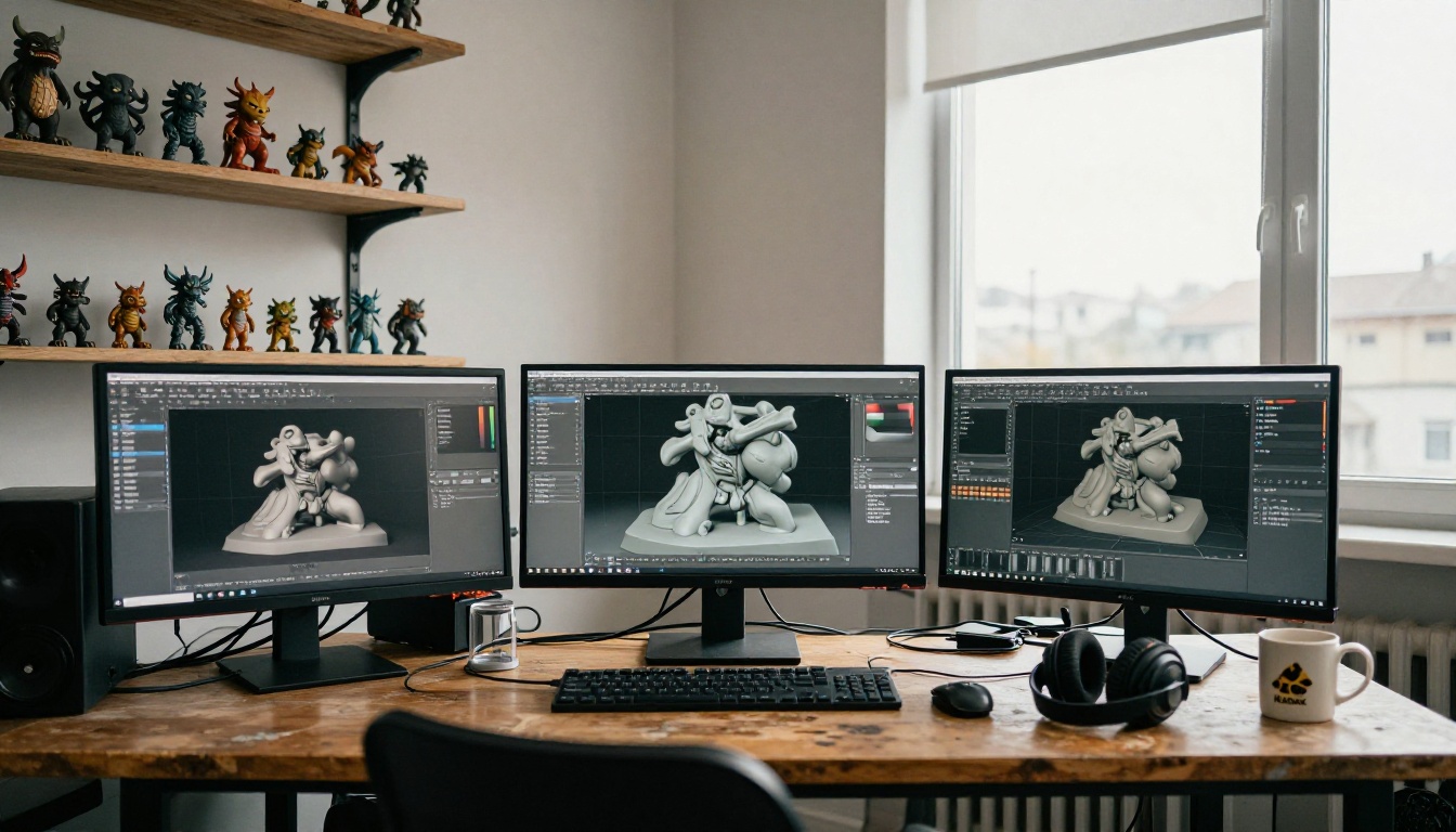 Game artist workstation with painted creature miniatures in the foreground