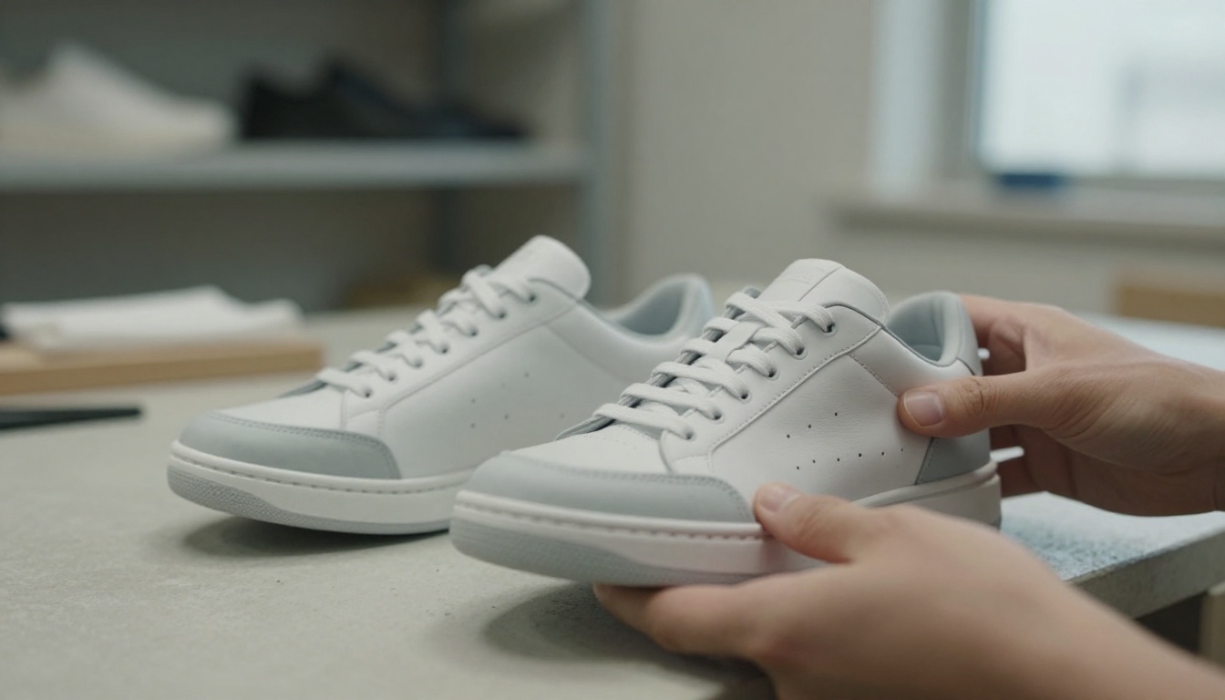 A pair of hands holding a grey printed sneaker model next to the real white leather sneaker it was copied from