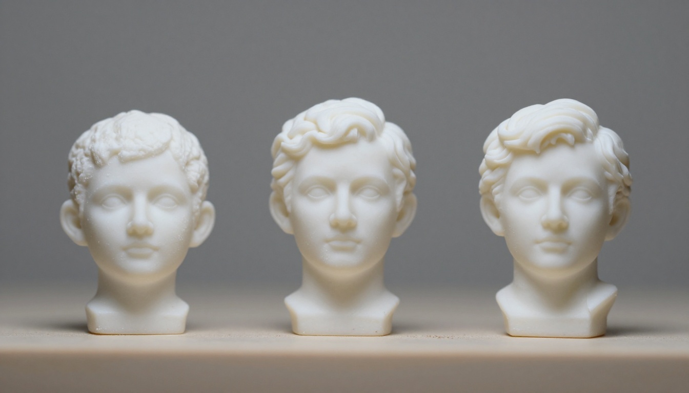 Three small white printed busts in a row showing rough, moderate and fine detail under raking light Three small white printed busts in a row showing rough, moderate and fine detail under raking light