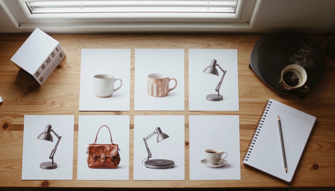 Overhead view of a wooden desk with printed product photos taken from different angles, a lightbox and a turntable