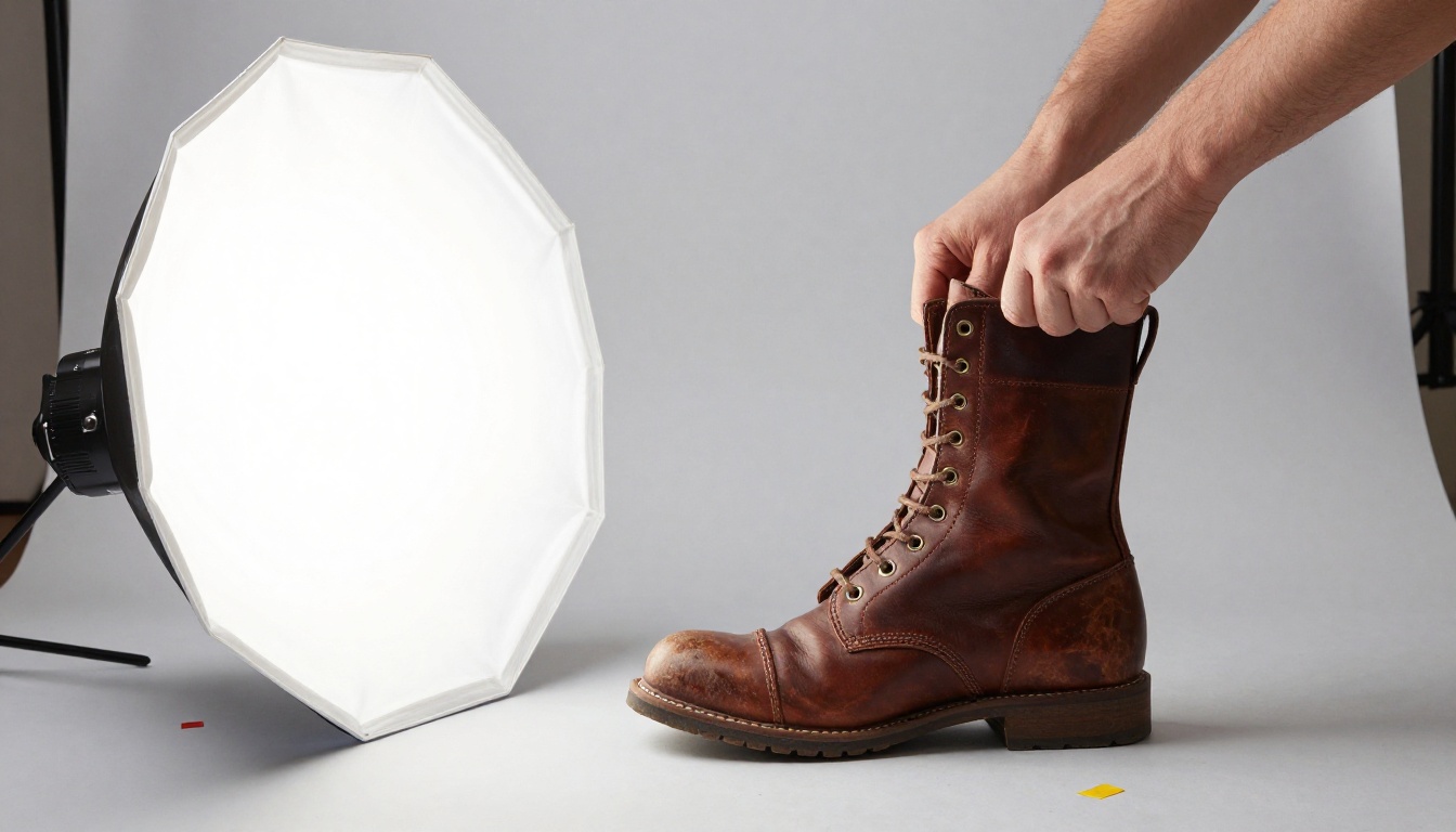 Photographer adjusting a softbox beside a leather boot on a grey seamless backdrop Photographer adjusting a softbox beside a leather boot on a grey seamless backdrop
