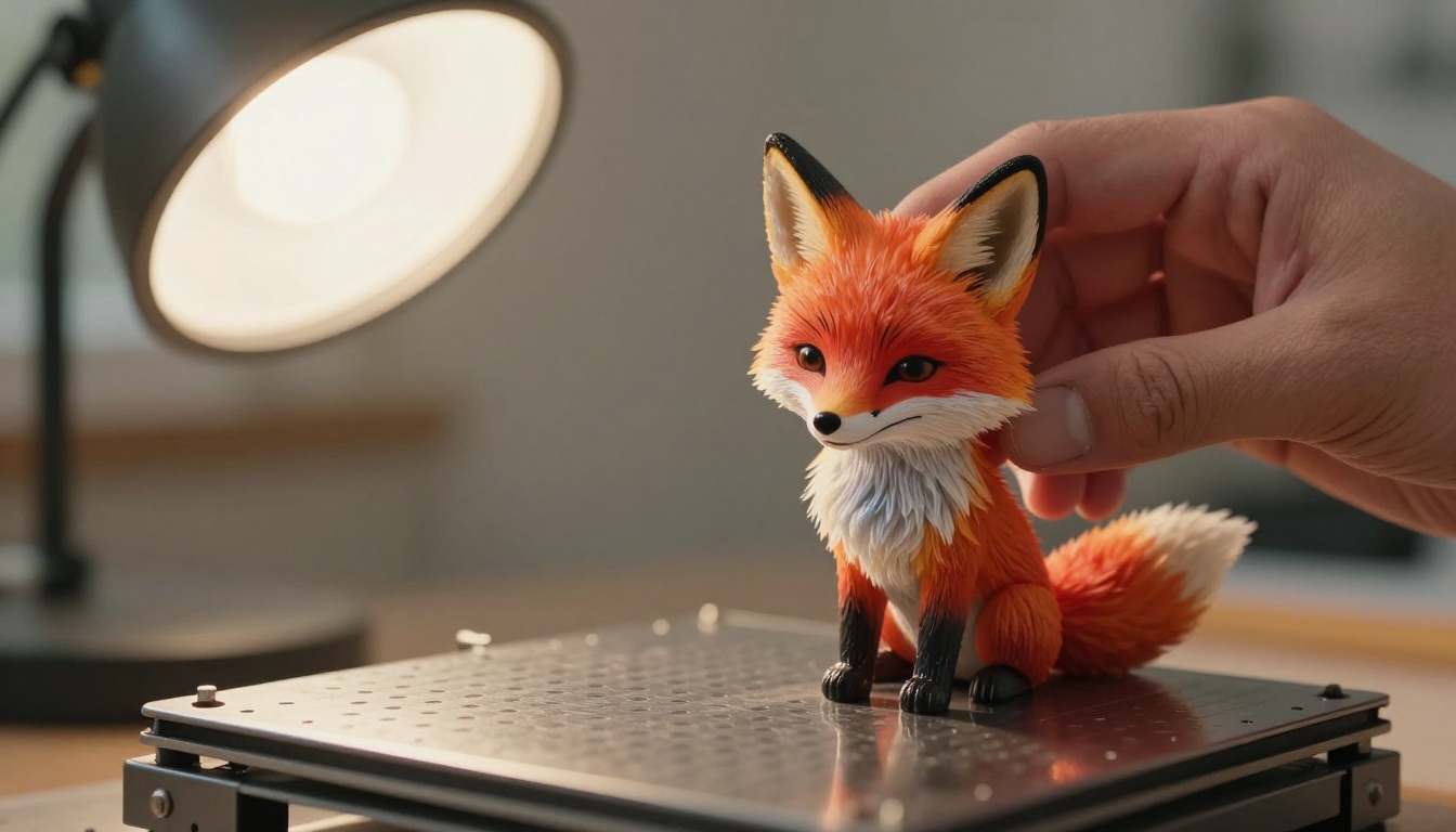 Gloved hand lifting a multicolor printed fox figurine off a build plate