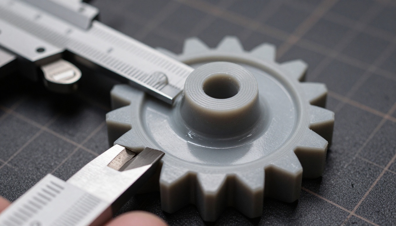Macro of glossy grey printed gear and articulated joint with a steel caliper on a cutting mat Macro of glossy grey printed gear and articulated joint with a steel caliper on a cutting mat