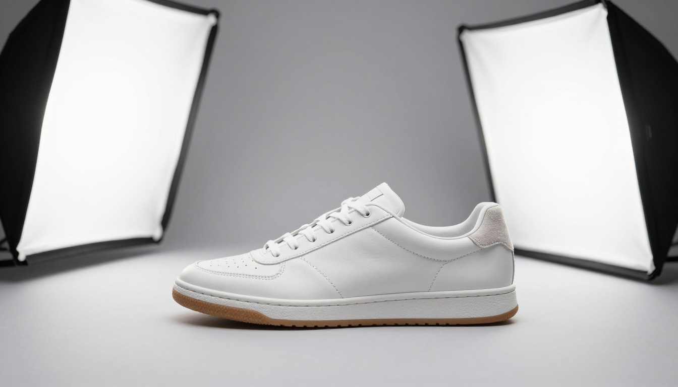 White leather sneaker on a seamless grey backdrop, ideal reference photo for 3D conversion