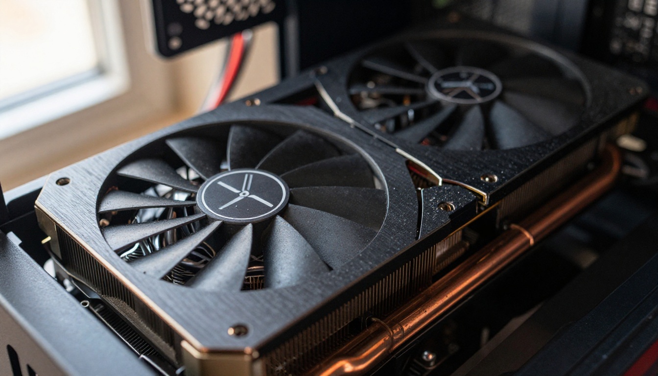 Close-up of a graphics card with three black fans installed inside an open PC case