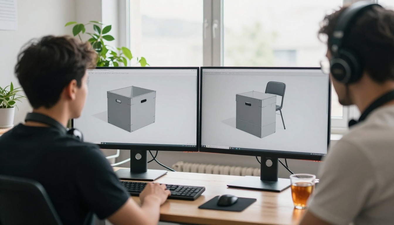 Game developer at a dual monitor desk in a bright loft office reviewing grey 3D props Game developer at a dual monitor desk in a bright loft office reviewing grey 3D props