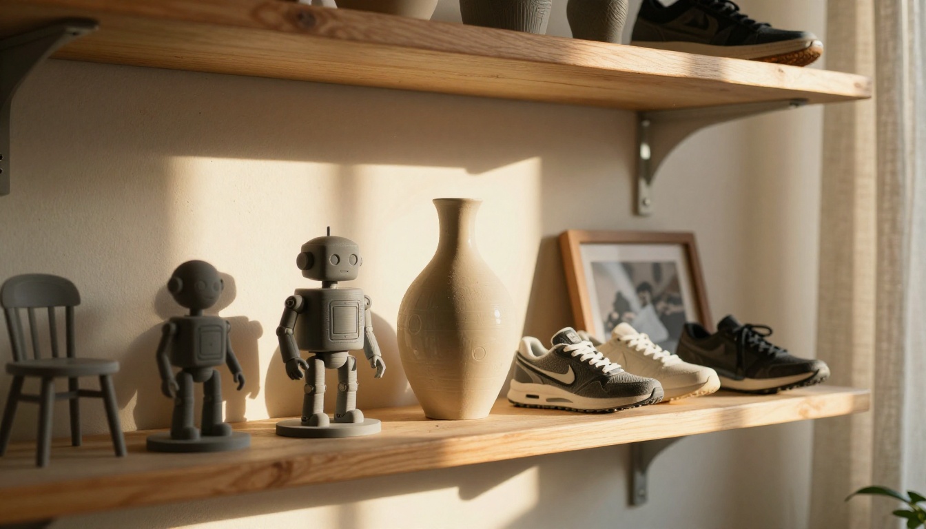 Studio shelf with printed prototypes and a framed reference photo at golden hour