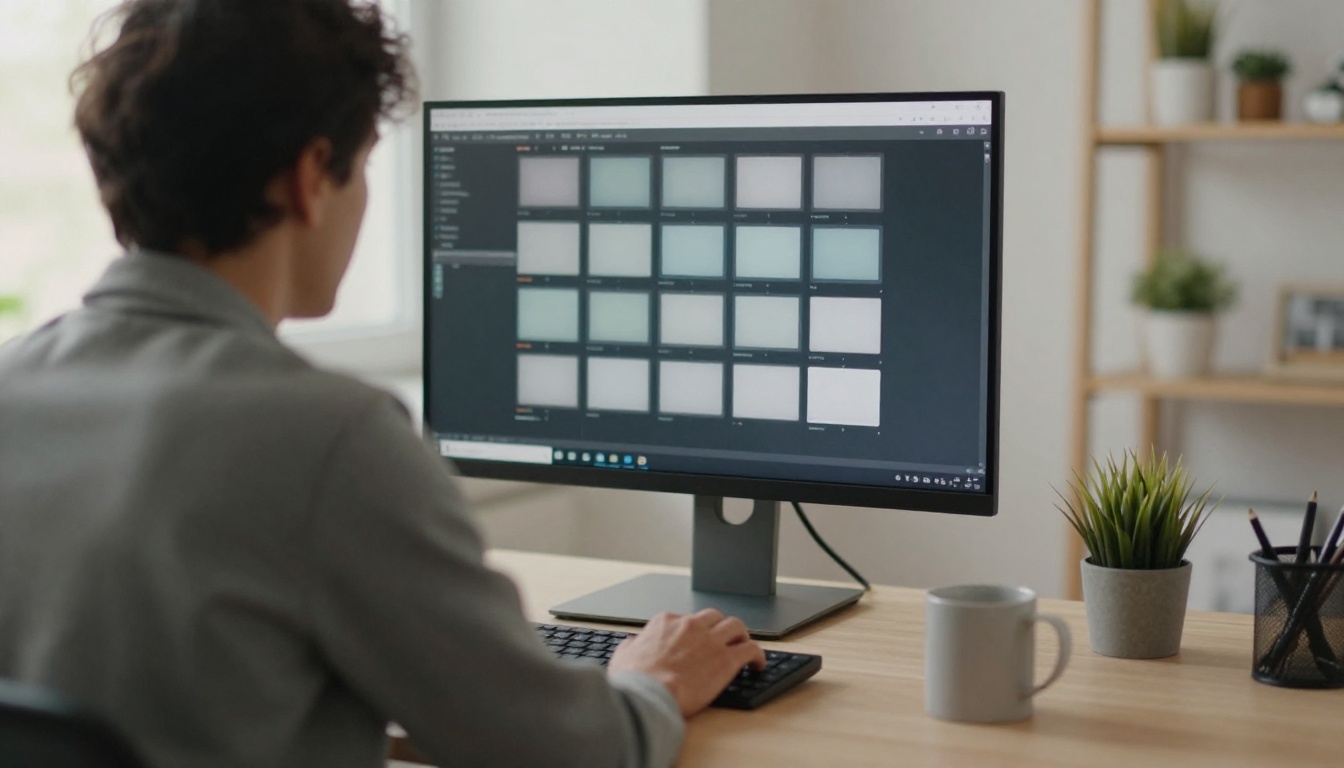 Developer working at a wide desk with a monitor showing a blurred grid of connected panels