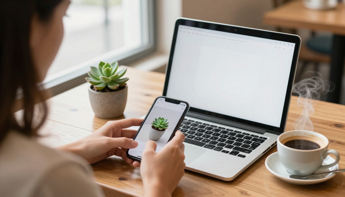 Woman in a cafe uploading a photo of a small succulent to her laptop Woman in a cafe uploading a photo of a small succulent to her laptop