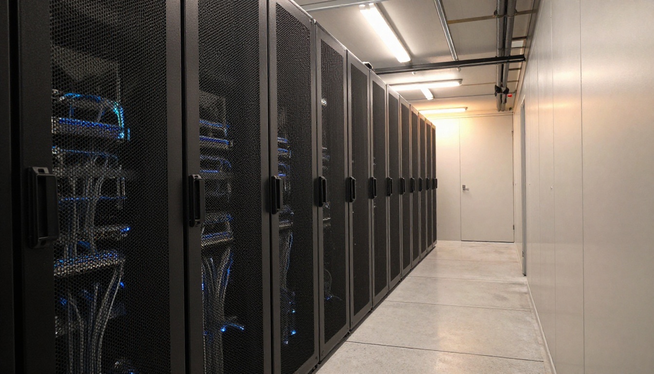 Quiet server room aisle with tall black racks and bundled network cables