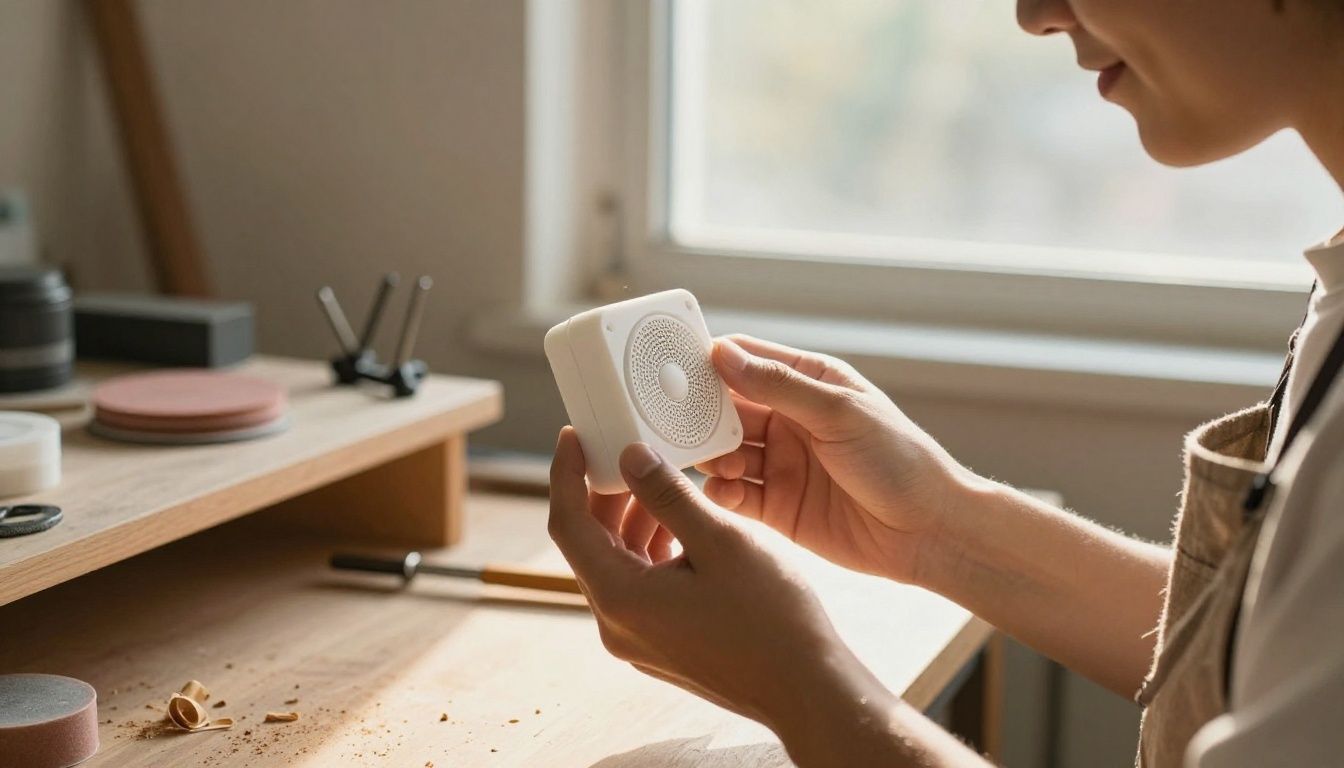 Product designer holding a small white 3D printed speaker prototype up to workshop window light Product designer holding a small white 3D printed speaker prototype up to workshop window light