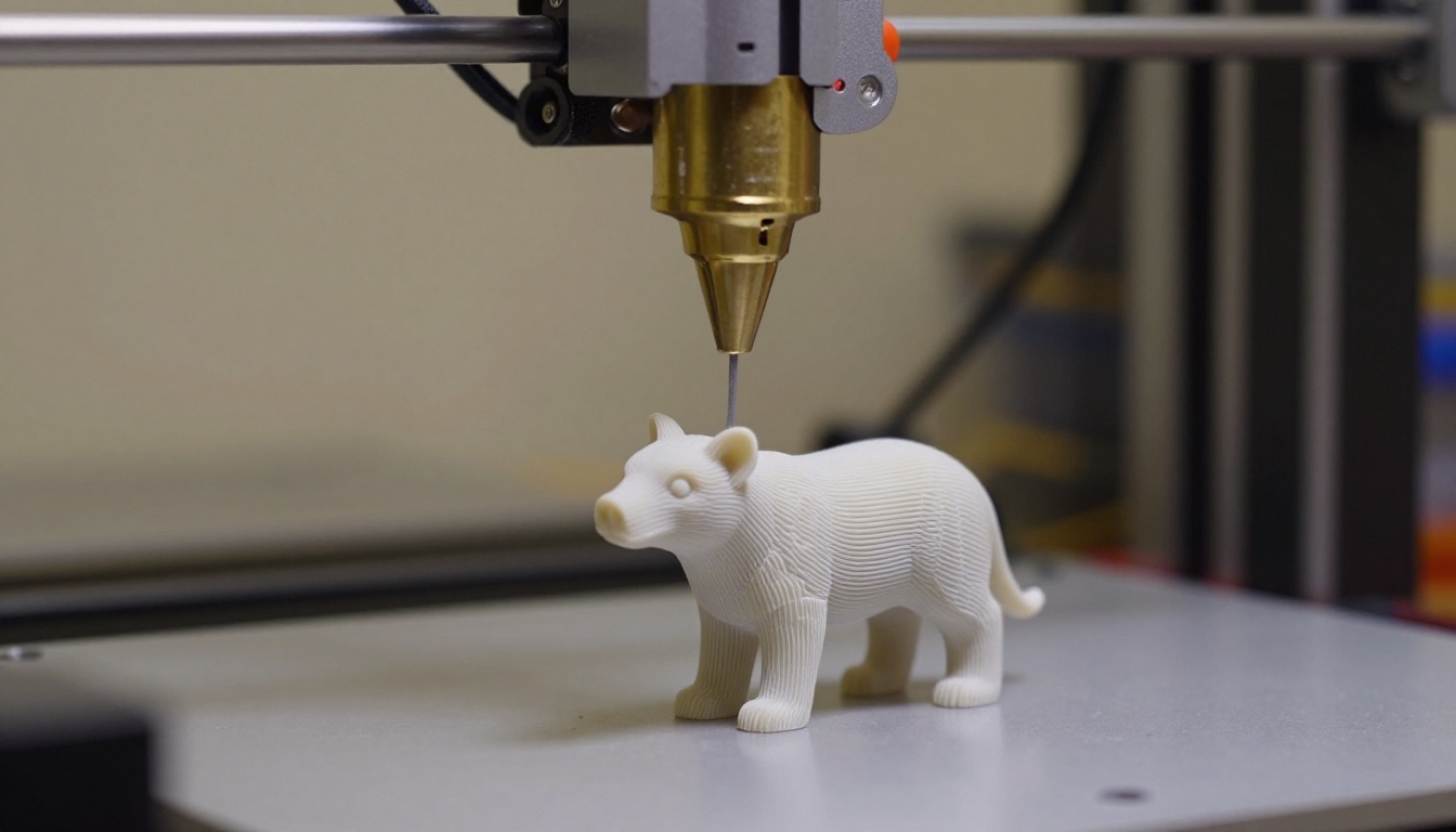 Desktop 3D printer nozzle depositing a thin grey strand over a half-finished animal figurine