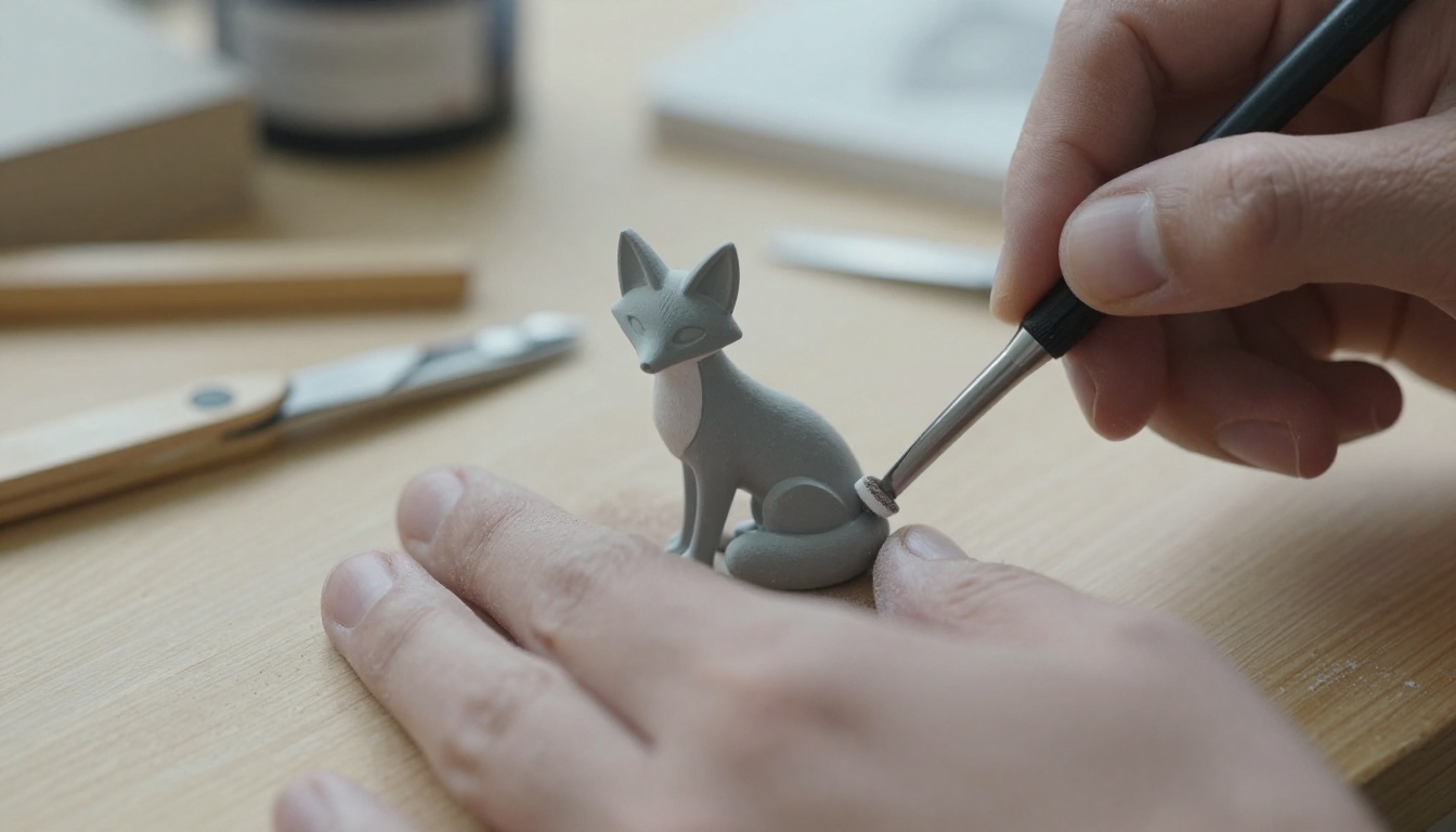 Hands sanding a small grey printed fox figurine over a wooden bench