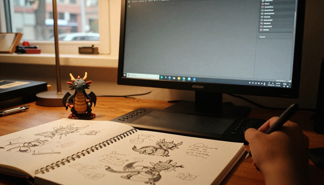 Indie game developer's desk with a clay dragon miniature, a sketchbook and a graphics tablet