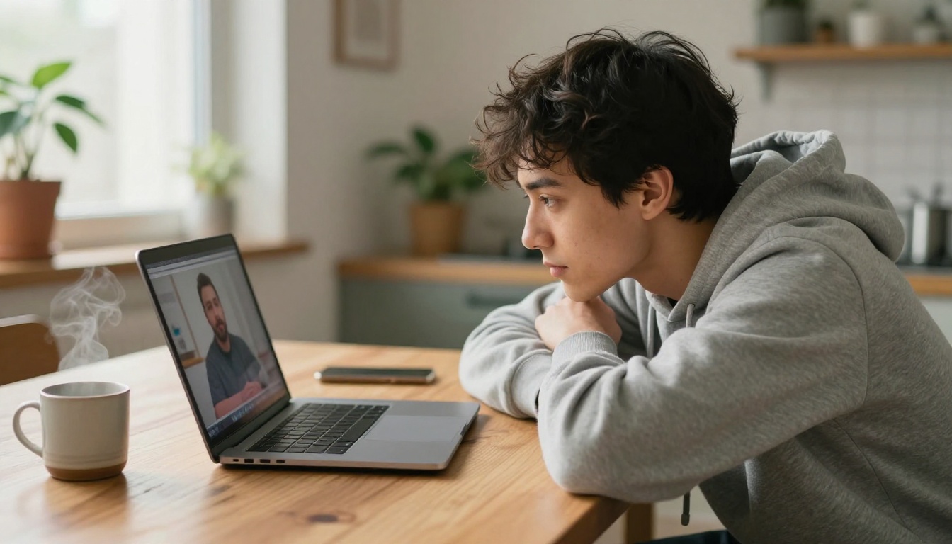 A man in a gray hoodie studies a laptop showing a talking presenter at his kitchen table