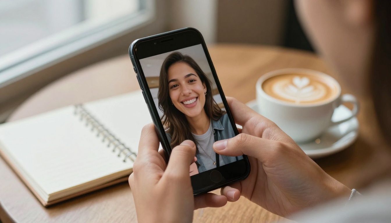 A woman holds a smartphone showing a smiling portrait mid-speech at a cafe table