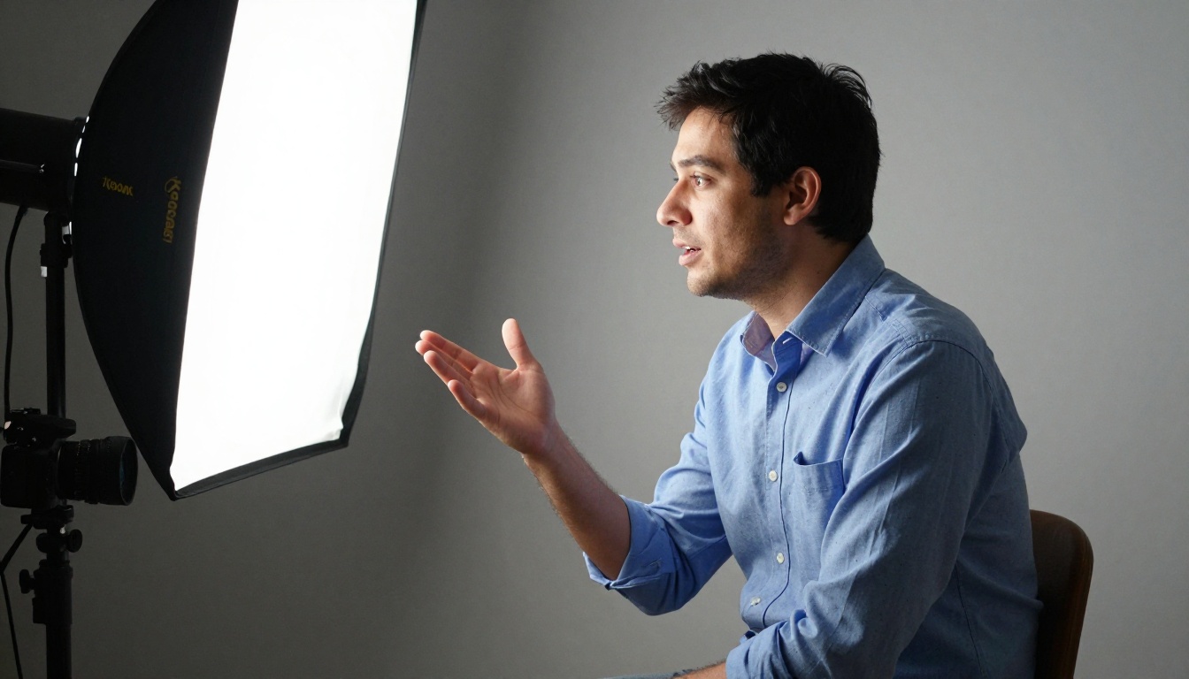A man in a blue shirt speaks to a camera on a tripod in a home studio lit by two softboxes