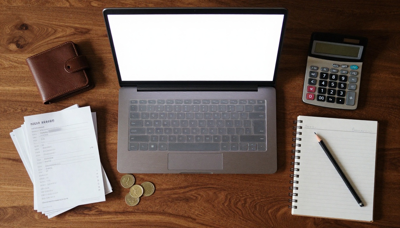 An overhead view of a walnut desk with a laptop, calculator, receipts, wallet and coins