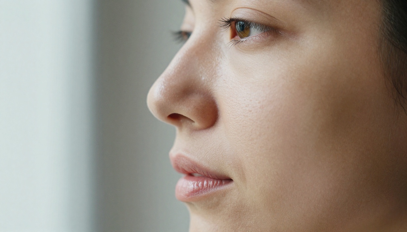 A close-up of a woman's face in profile while speaking, showing natural skin texture