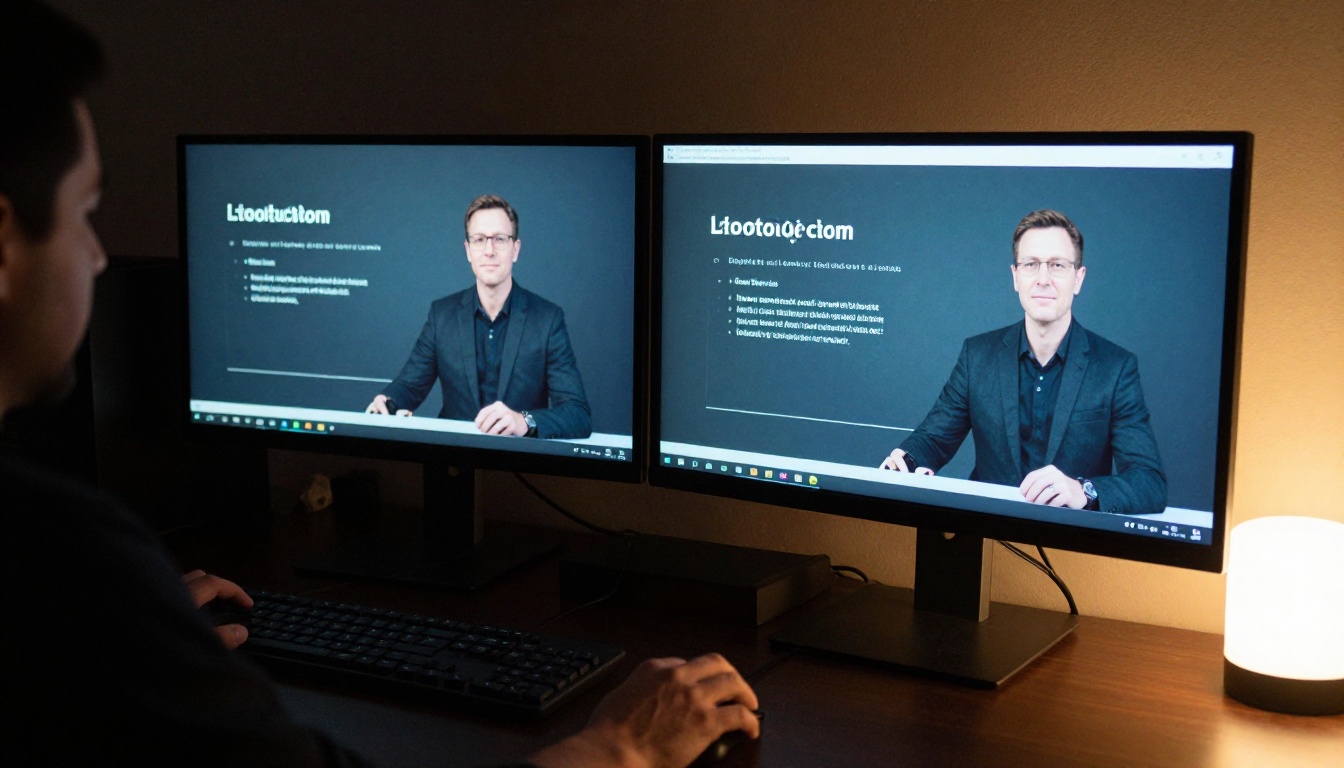 Two monitors side by side in a dim editing room, each showing a different business presenter