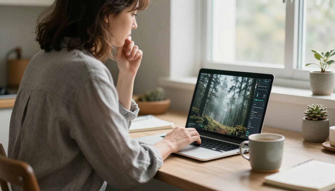 Woman reviewing a video preview of a misty pine forest on a laptop at a sunlit kitchen table