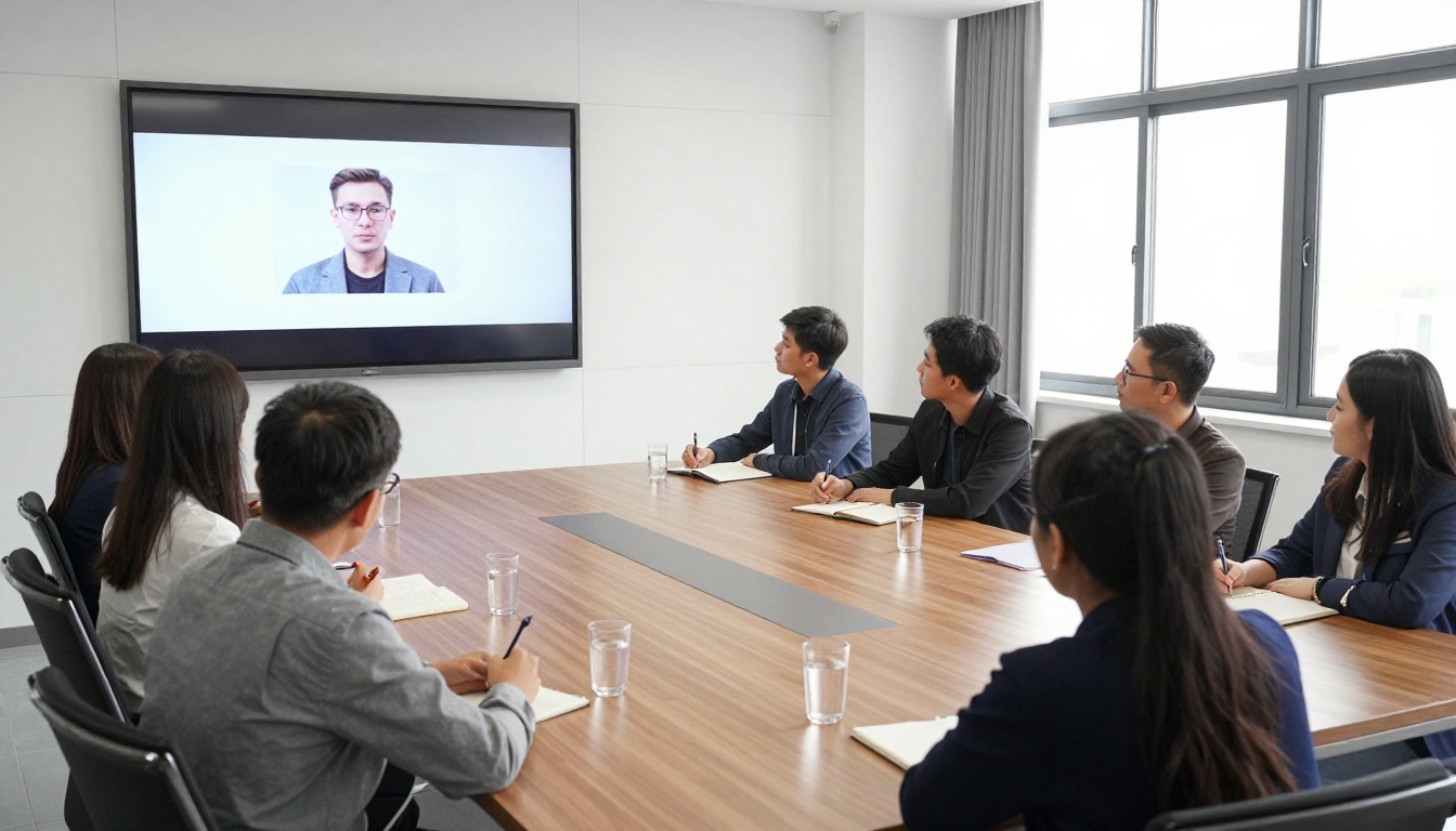 Six employees watch a presenter video on a wall display in a bright training room