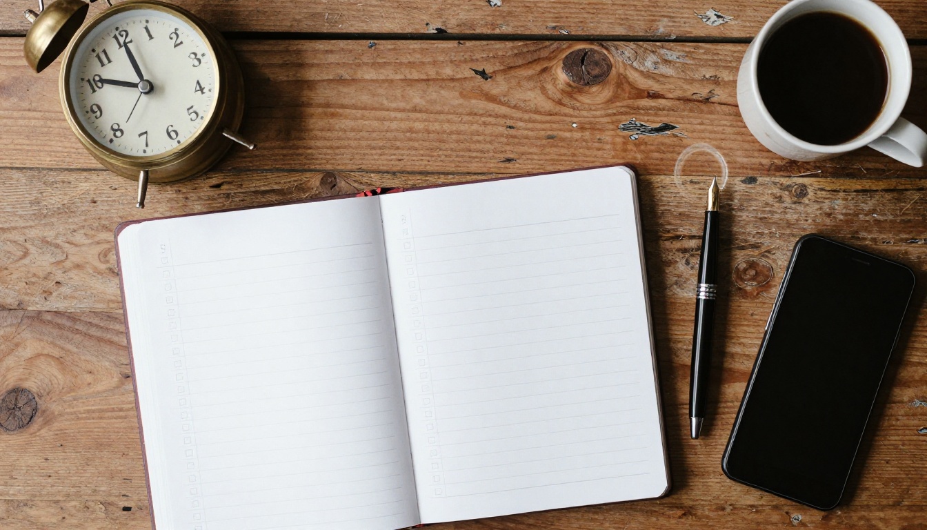 Top-down view of a walnut desk with a brass alarm clock, a notebook checklist and a cup of coffee
