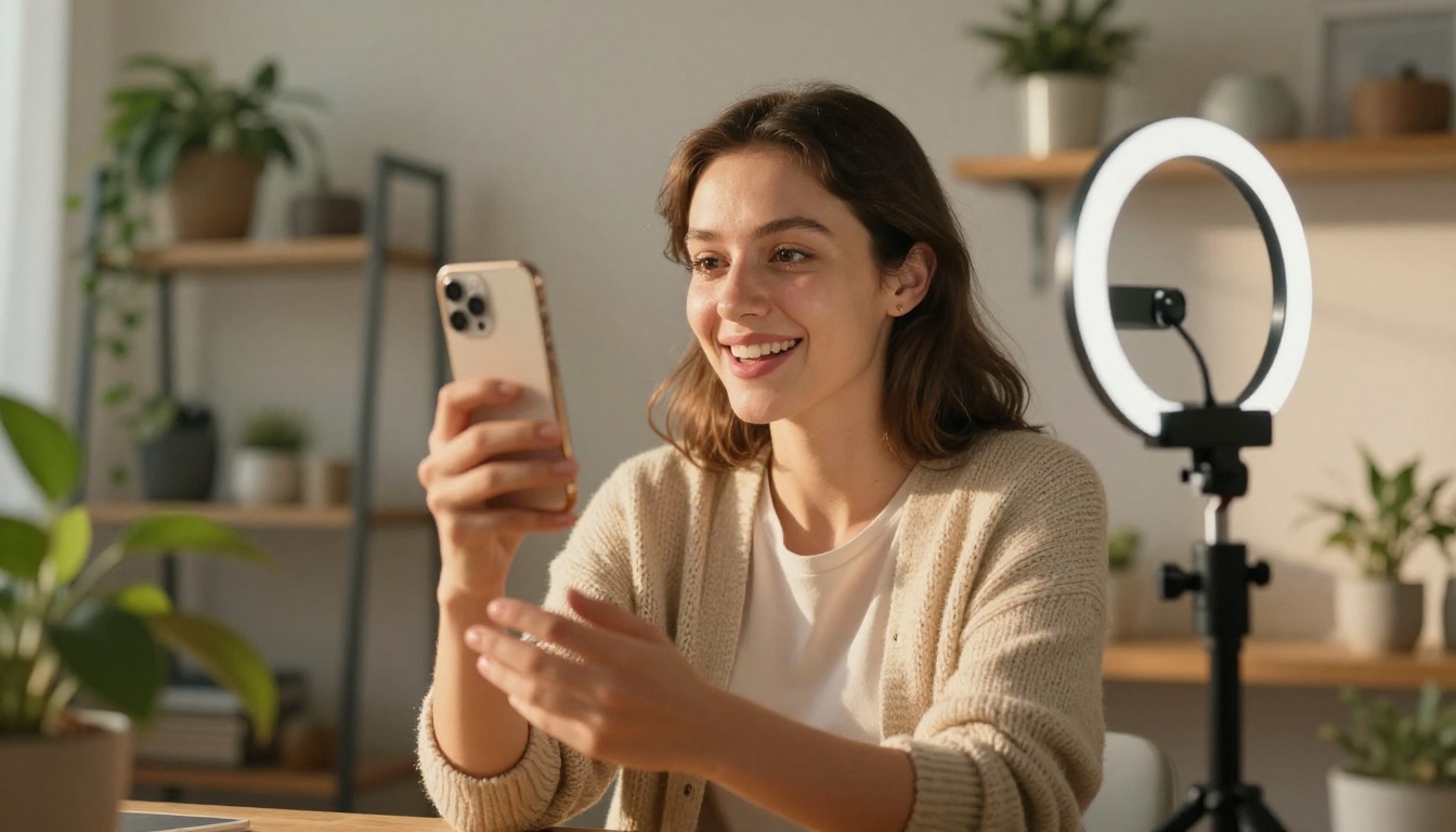 A woman films a vertical clip on a gimbal-mounted phone in a sunlit apartment